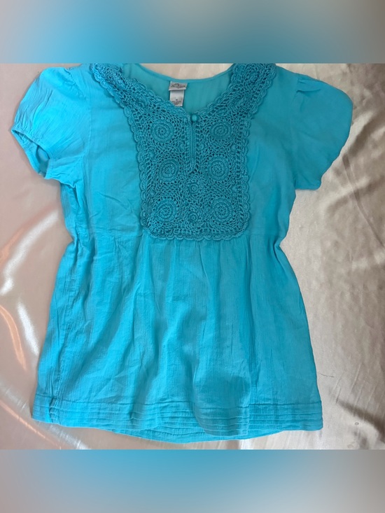 Butterfly Tops - Butterfly Women Bright Blue Crochet Trimmed Cotton Short Sleeve Blouse Sz.M Y2k
